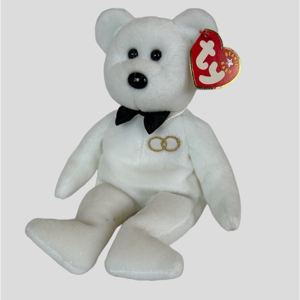 Vintage Ty Beanie Baby- Mr the Groom Bear, white bear with black bow tie…